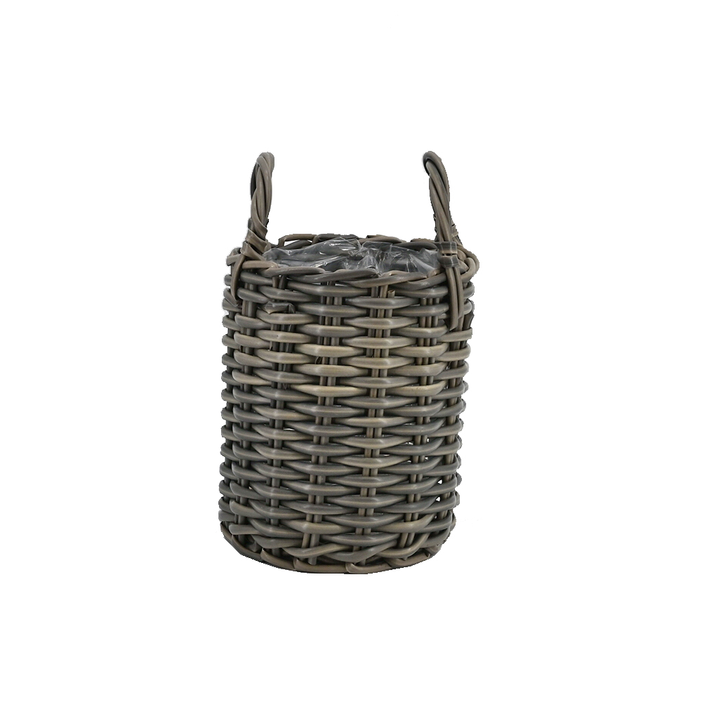 Pflanzkorb Blumentopf Korb mit Henkel Übertopf, Rattan, rund, grau 35 cm