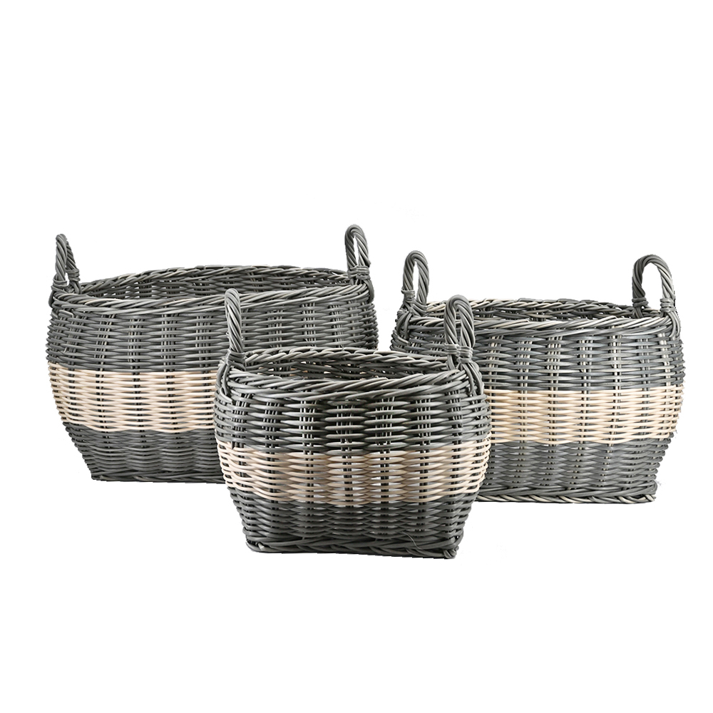 Pflanzkörbe Blumentopf Korb mit Henkel Übertopf 3er Set, Rattan, grau-gestreift
