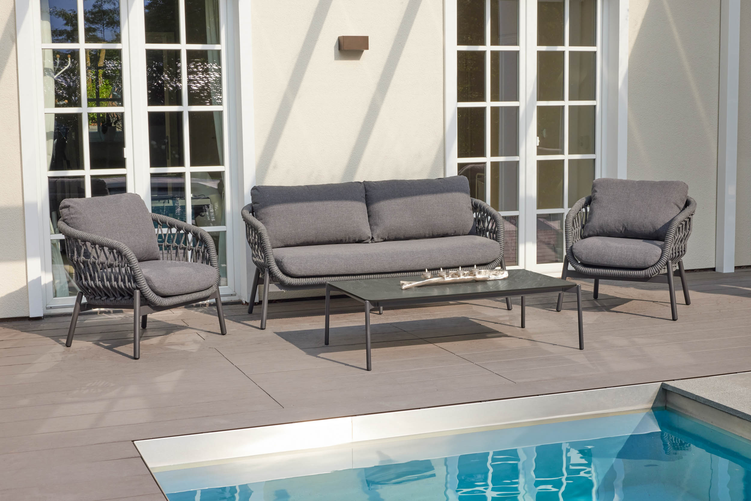 Lounge Set 3tlg. Balu Loungemöbel Sitzgruppe Gartenlounge mit Olefin Auflagen anthrazit
