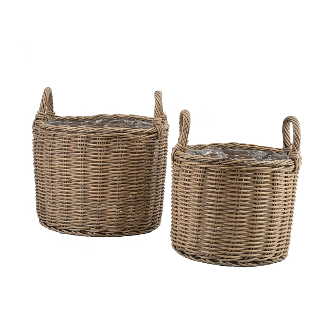 Pflanzkörbe Blumentopf Korb mit Henkel Übertopf 2er Set, Rattan, rund, braun