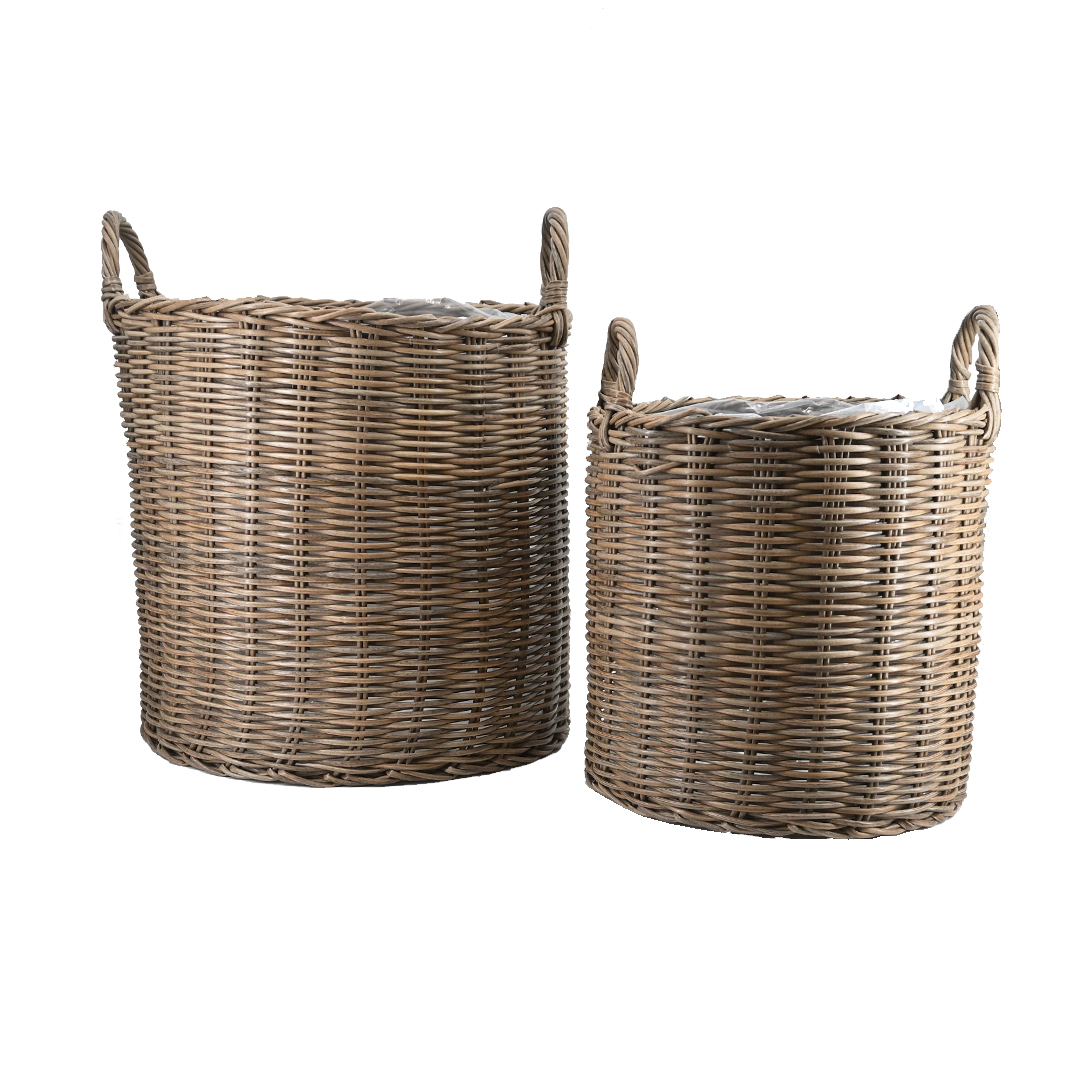 Pflanzkörbe Blumentopf Korb mit Henkel Übertopf 2er Set, Rattan, rund, braun