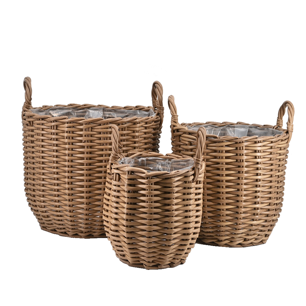 Pflanzkörbe Blumentopf Korb mit Henkel Übertopf 3er Set, Rattan, rund, braun