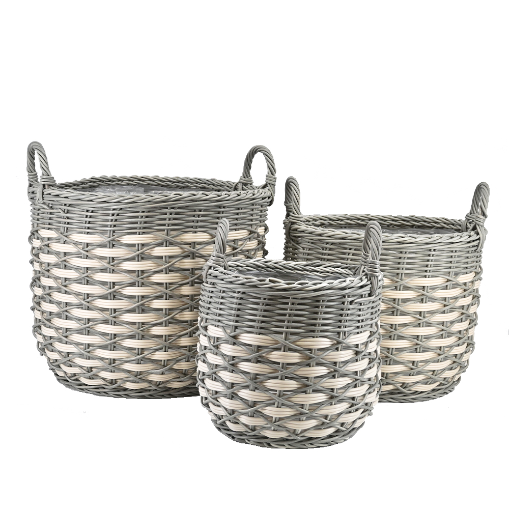 Pflanzkörbe Blumentopf Korb mit Henkel Übertopf 3er Set, Rattan, rund, grau-gestreift