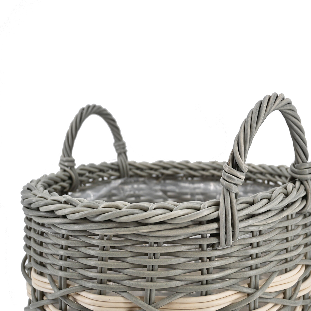 Pflanzkörbe Blumentopf Korb mit Henkel Übertopf 3er Set, Rattan, rund, grau-gestreift