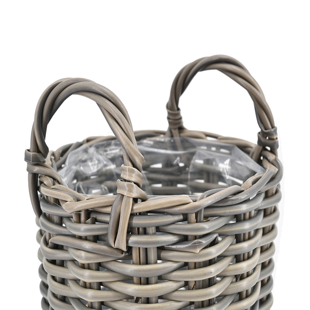 Pflanzkorb Blumentopf Korb mit Henkel Übertopf, Rattan, rund, grau 35 cm