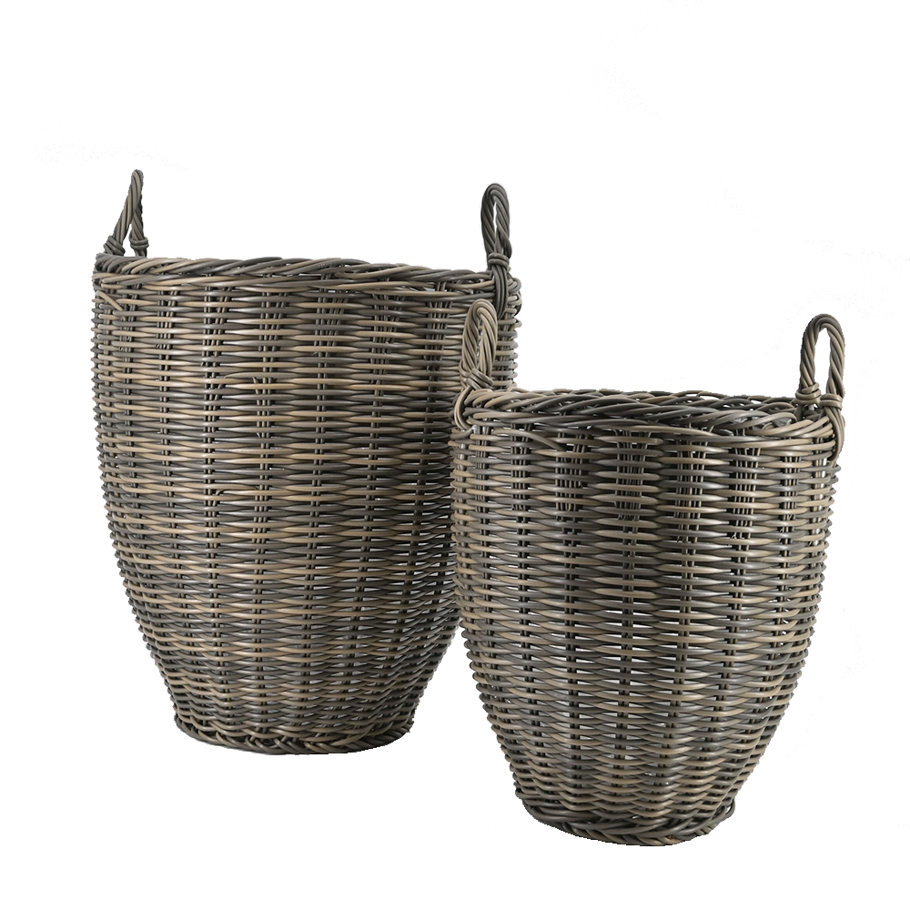 Pflanzkörbe Blumentopf Korb mit Henkel Übertopf 2er Set, Rattan, rund, grau